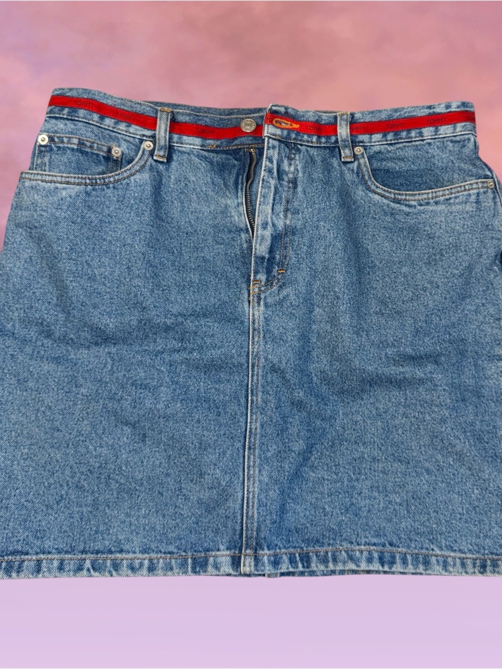 Vintage 90s Tommy Hilfiger Blue Denim Mini Skirt with Red Waistband Stripe